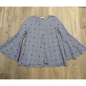 Ann Mashburn Popover Poplin Blouse Blue Stripe Embroidered Bell Sleeve Sz S EUC